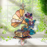 Vintage Gramophone Acrylic Suncatcher, Stained Glass Style Music Lover Window Hanging, Retro Floral Home Decor Gift